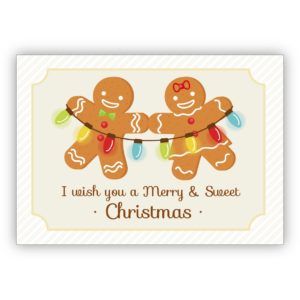 Niedliche Lebkuchen Weihnachtskarte mit Lichterkette: I wish you a Merry & Sweet Christmas