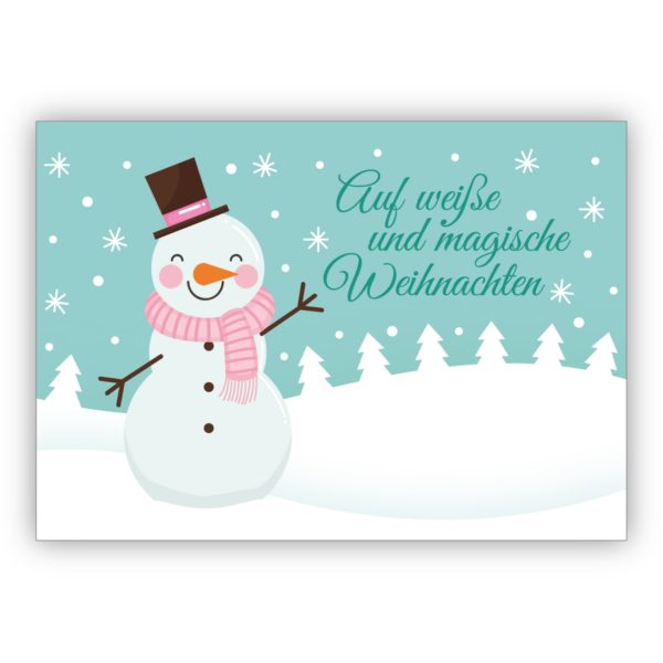 Fröhliche Winter Weihnachtskarte mit lustigem Schneemann: Auf weiße und magische Weihnachten