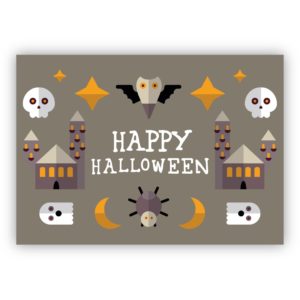 Coole Halloweenkarte beige mit Spinne, Fledermaus und Totenkopf: Happy Halloween
