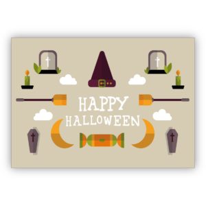 Coole Halloweenkarte beige mit Sarg, Hexenhut und Besen: Happy Halloween