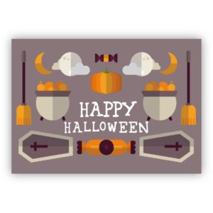 Coole Halloweenkarte beige mit Sarg, Hexenkessel und Kürbis: Happy Halloween