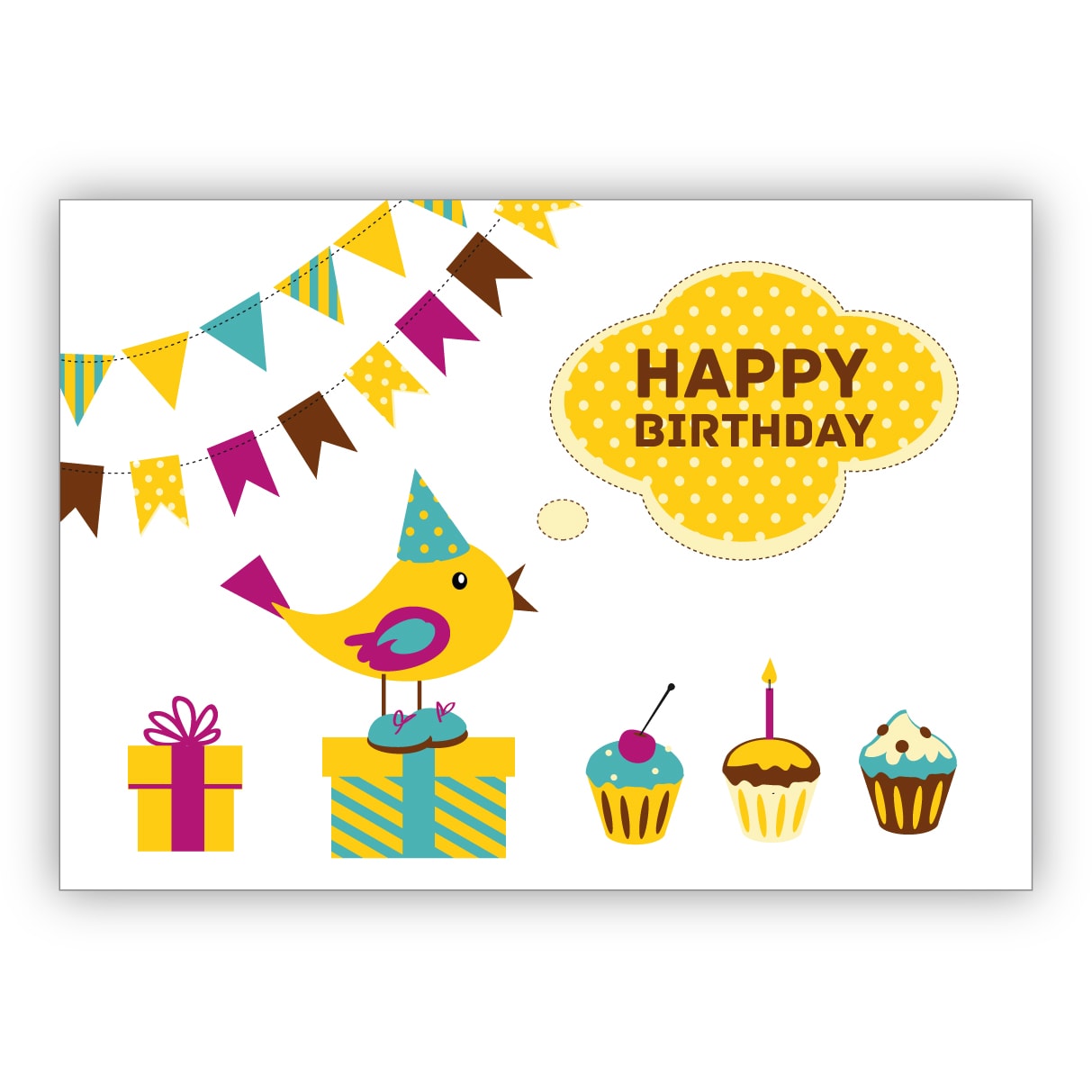 Süße Geburtstagskarte mit kleinem Party Vögelchen und Törtchen: Happy Birthday