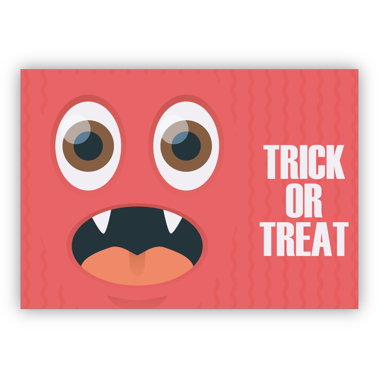 Lustige Halloweenkarte mit gruseligem rotem Monster: Trick or Treat