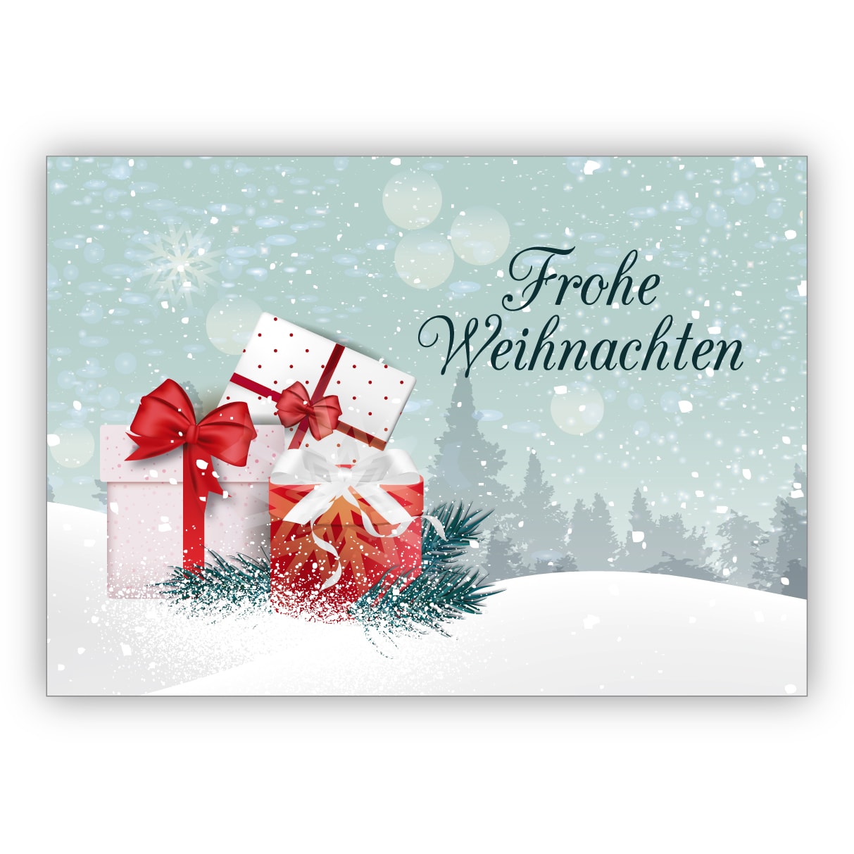 Klassische elegante Weihnachtskarte mit Geschenken und Schnee Landschaft: Frohe Weihnachten