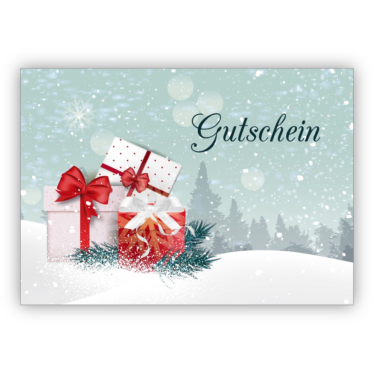 Klassische elegante Weihnachts Gutschein Karte mit Geschenken und Schnee Landschaft: Gutschein