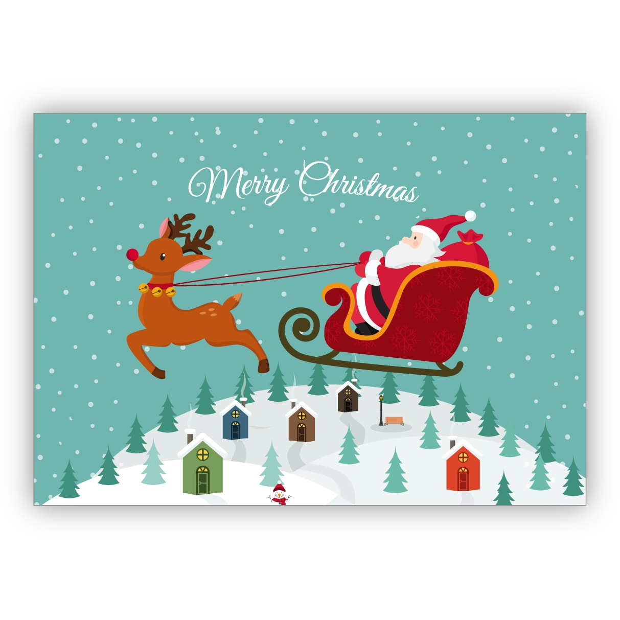 Hübsche Weihnachtskarte mit Weihnachtsmann in fliegendem Rentier Schlitten: Merry Christmas