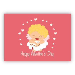 Lustige romantische Valentinskarte mit kleinem Amor und Herzen auf Wolke: Happy Valentine's Day