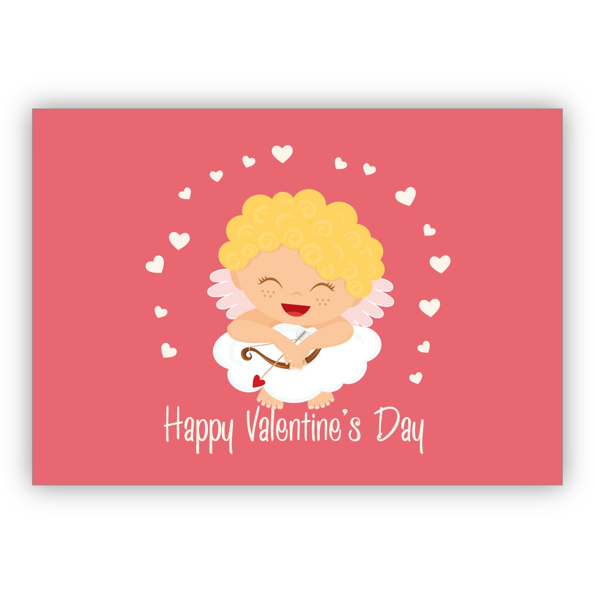 Lustige romantische Valentinskarte mit kleinem Amor und Herzen auf Wolke: Happy Valentine's Day