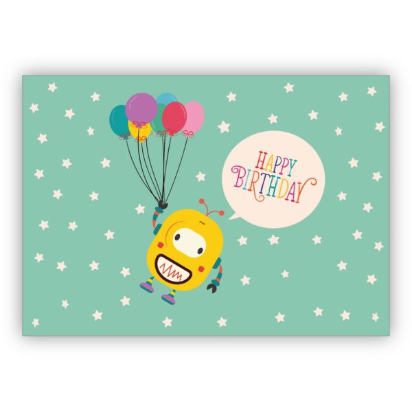 Niedliche Geburtstags Glückwunschkarte mit fliegendem Roboter an Luftballons auf Sternen: Happy Birthday