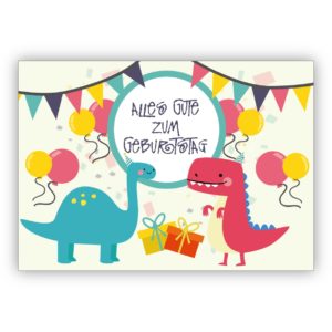 coole Geburtstagskarte mit Dinosauriern in Party Stimmung und mit Luftballons: Alles Gute zum Geburtstag