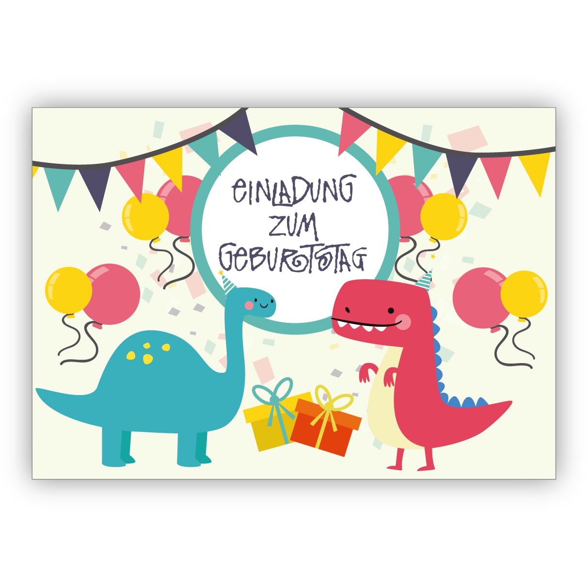 coole Einladungskarte zum Kindergeburtstag mit Dinosauriern in Party Stimmung: Einladung zum Geburtstag
