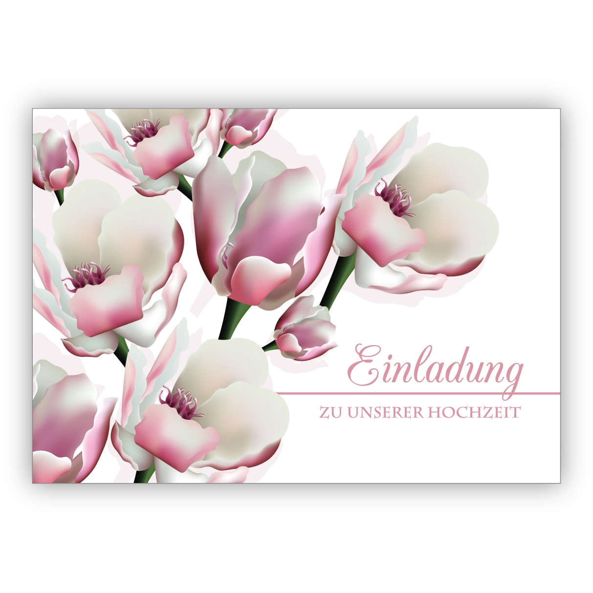 Zauberhafte Einladungskarte mit leichten Blüten für Brautpaare: Einladung zu unserer Hochzeit
