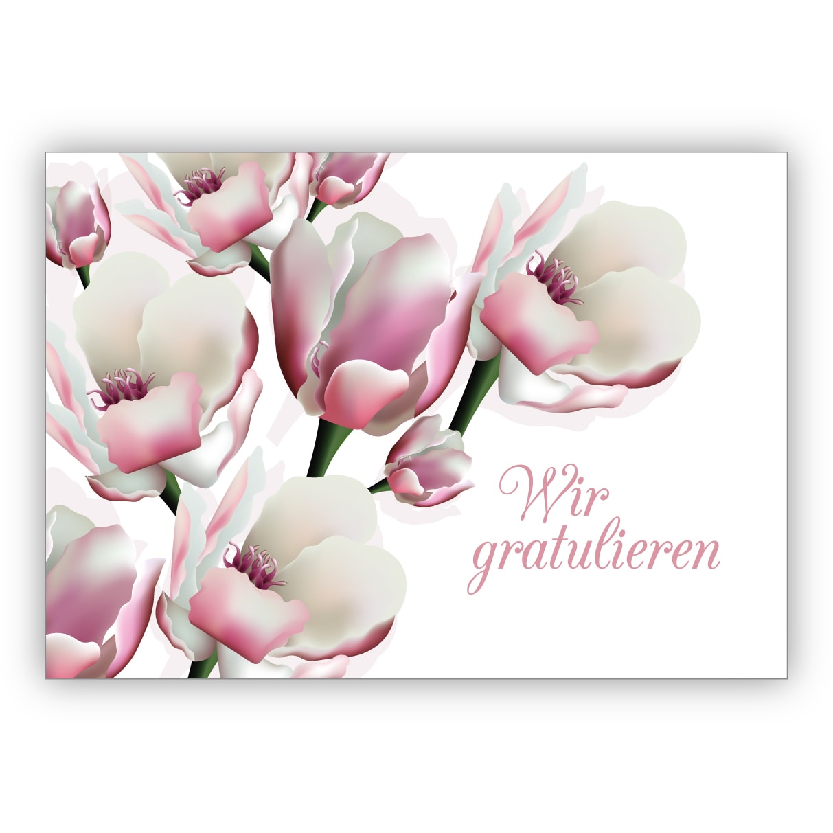 Elegante Glückwunschkarte mit leichten Blüten zur Hochzeit, Taufe, Geburt, Examen etc: Wir gratulieren
