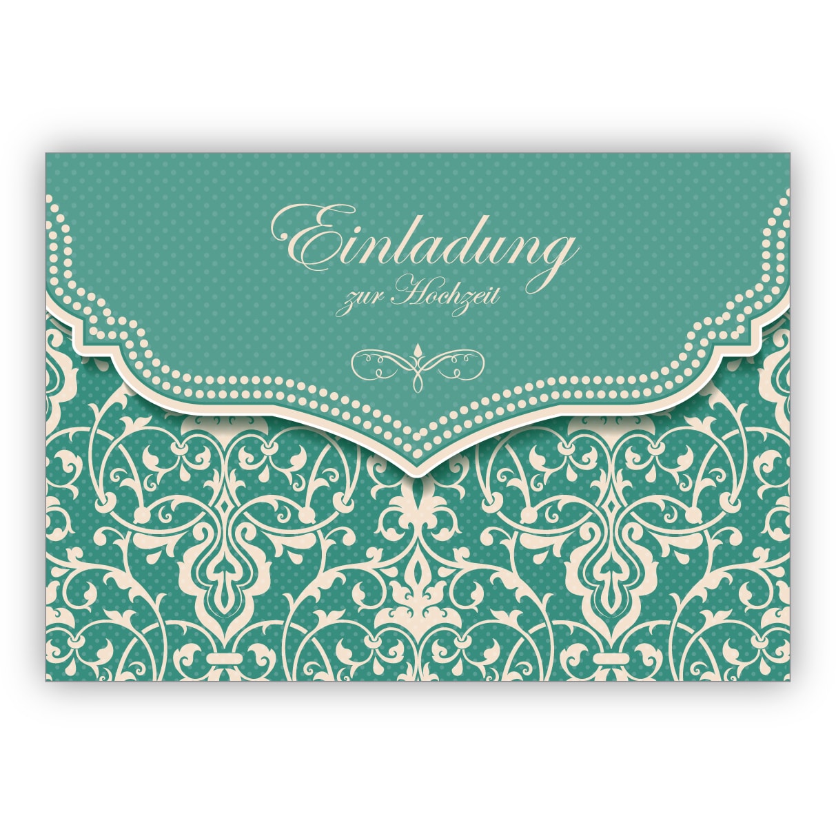 Zauberhafte Einladungskarte mit Vintage Damast Muster in edlem Hellblau Türkis für Brautpaare: Einladung zur Hochzeit