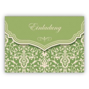 Feine Einladungskarte mit Vintage Damast Muster in zartem grün zur Hochzeit, Taufe, Diner etc: Einladung