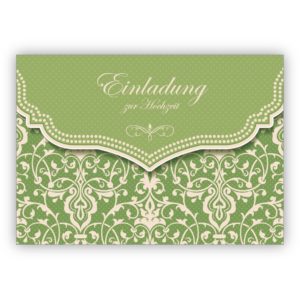 Wunderschöne Einladungskarte mit Vintage Damast Muster in hoffnungs frohem grün für Brautpaare: Einladung zur Hochzeit