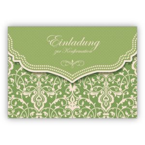 Wunderschöne Einladungskarte mit Vintage Damast Muster in Frühlings grün für junge Damen: Einladung zur Konfirmation