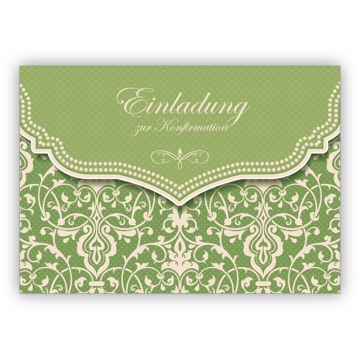 Wunderschöne Einladungskarte mit Vintage Damast Muster in Frühlings grün für junge Damen: Einladung zur Konfirmation