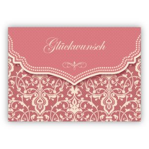 Zarte Vintage Glückwunschkarte mit Retro Damast Muster in alt rosa zur Hochzeit, Taufe, Geburt, Examen etc: Glückwunsch