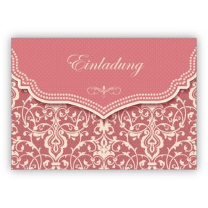 Schöne Vintage Einladungskarte mit Retro Damast Muster in alt rosa zur Hochzeit, Taufe, Diner etc: Einladung