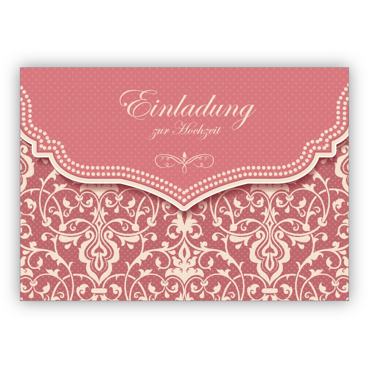 Feine Vintage Einladungskarte mit Retro Damast Muster in zartem alt rosa für Brautpaare: Einladung zur Hochzeit