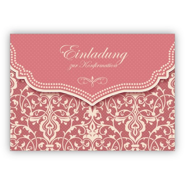 Elegante Vintage Einladungskarte mit Retro Damast Muster in zartem alt rosa für junge Damen: Einladung zur Konfirmation