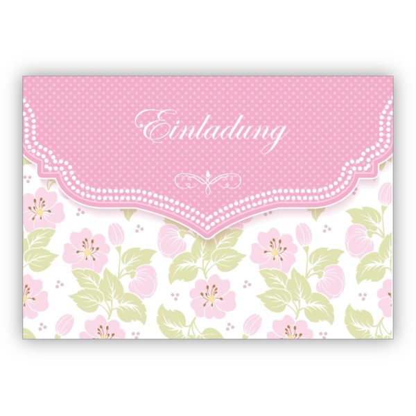 Schöne Einladungskarte mit zartem Blüten Muster in rosa zur Hochzeit, Taufe, Diner etc: Einladung
