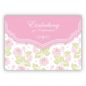 Schöne Einladungskarte mit zartem Blüten Muster in ros für Mädchen: Einladung zur Konfirmation
