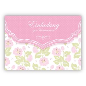 Schöne Einladungskarte mit zartem Blüten Muster in rosa für Mädchen: Einladung zur Kommunion