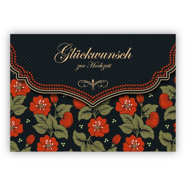 Schicke Hochzeitskarte mit schönem Blumen Muster in orange schwarz: Glückwunsch zur Hochzeit