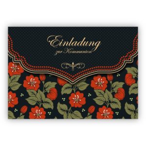 Schicke Einladungskarte mit schönem Blumen Muster in orange schwarz für Mädchen: Einladung zur Kommunion