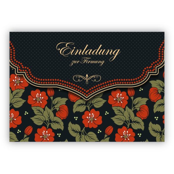 Schicke Einladungskarte mit schönem Blumen Muster in orange schwarz für Mädchen: Einladung zur Firmung