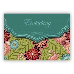 Edle Einladungskarte mit modernem Blumen Muster in grün zur Hochzeit, Taufe, Diner etc: Einladung