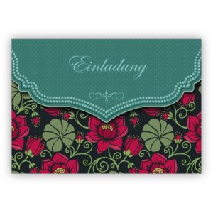 Traumhafte Retro Einladungskarte mit Vintage Seerosen Muster in grün zur Hochzeit, Taufe, Diner etc: Einladung