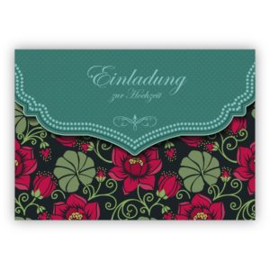 Traumhafte Retro Einladungskarte mit Vintage Seerosen Muster in grün für Brautpaare: Einladung zur Hochzeit
