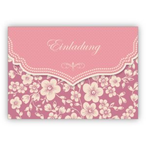 Wunderbare Vintage Einladungskarte mit Retro Kirschblüten Muster in rosa zur Hochzeit, Taufe, Diner etc: Einladung