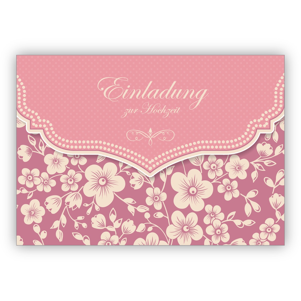 Wunderbare Vintage Einladungskarte mit Retro Kirschblüten Muster in rosa für Brautpaare: Einladung zur Hochzeit
