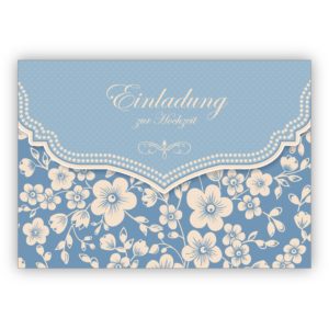 Schöne Hochzeits Einladungskarte mit Retro Kirschblüten Muster für Brautpaare, hellblau: Einladung zur Hochzeit