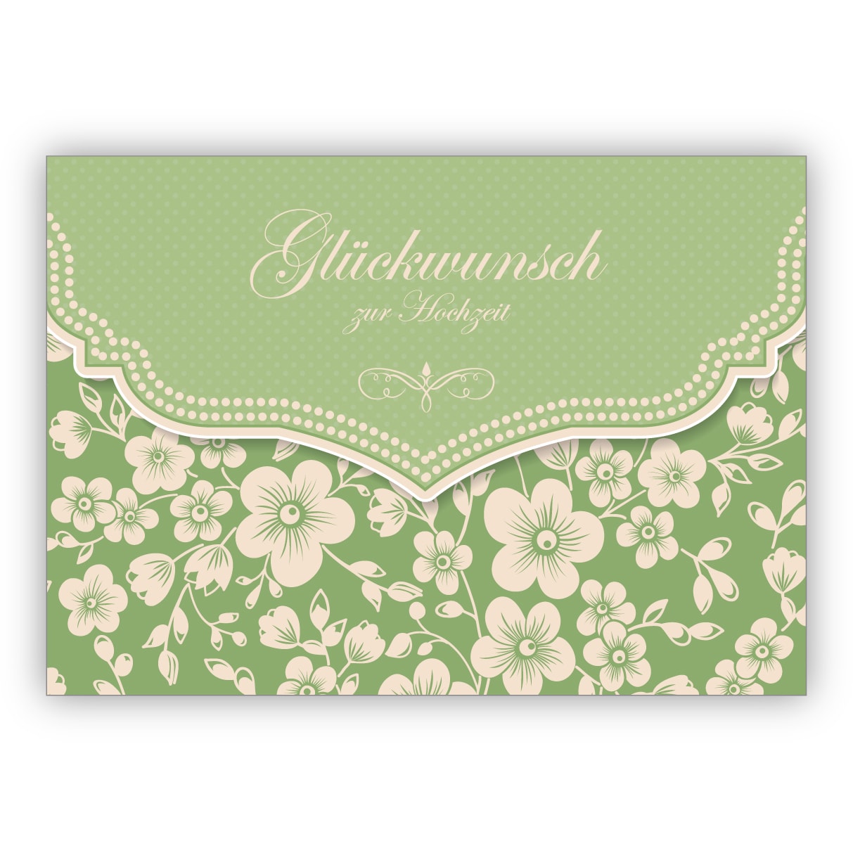 Liebevolle Vintage Hochzeitskarte mit Retro Kirschblüten Muster, grün: Glückwunsch zur Hochzeit