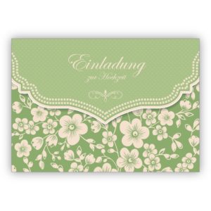 Elegante Retro Einladungskarte für Brautpaare mit Kirschblüten Muster grün: Einladung zur Hochzeit
