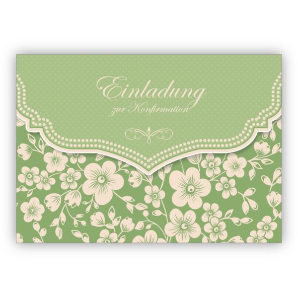 Schöne Konfirmations Einladungskarte mit Retro Kirschblüten Muster für Mädchen, grün: Einladung zur Konfirmation