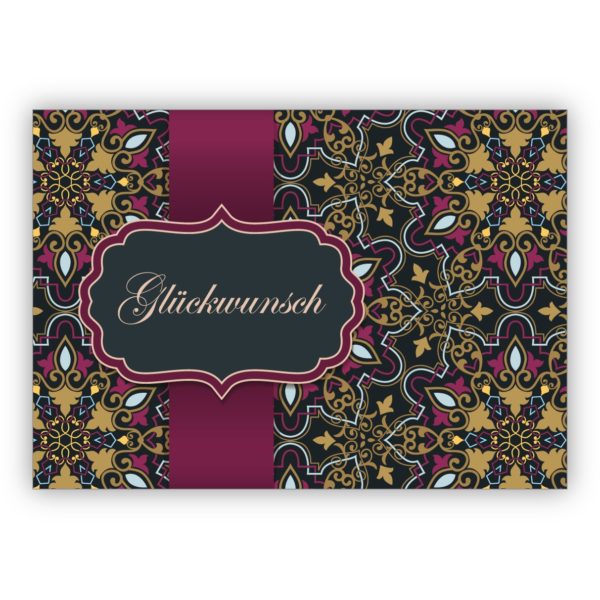 Elegante Grußkarte als Glückwunsch mit arabischem Muster im orientalischen Stil, rosa gold Optik: Glückwunsch