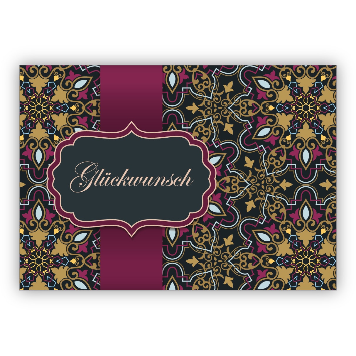 Elegante Grußkarte als Glückwunsch mit arabischem Muster im orientalischen Stil, rosa gold Optik: Glückwunsch