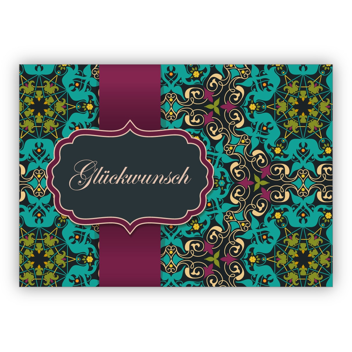 Elegante Grußkarte als Glückwunsch mit arabischem Muster im orientalischen Stil, hellblau türkis: Glückwunsch