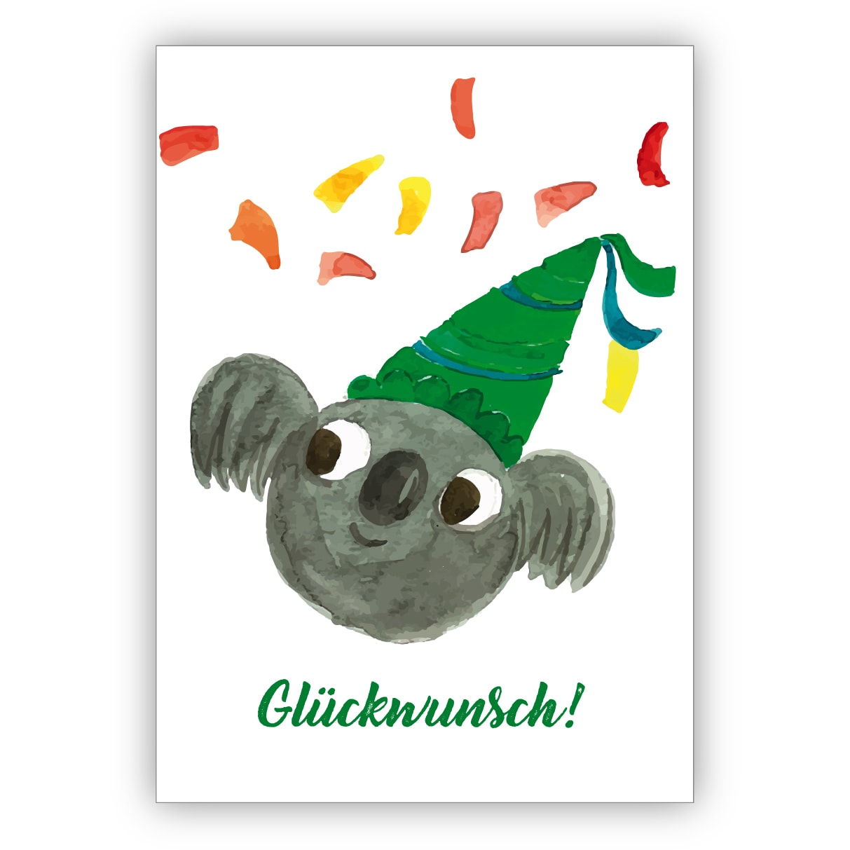 Lustige gemalte Grußkarte mit Party Koala Bär als Glückwunschkarte zum Übertritt, Einschulung, Geburtstag und was es noch zu feiern gibt: Glückwunsch