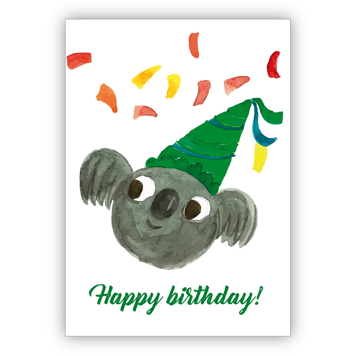 Lustige gemalte Geburtstagskarte mit Party Koala Bär und Konfetti als Glückwunsch für das Geburtstagskind: Happy Birthday