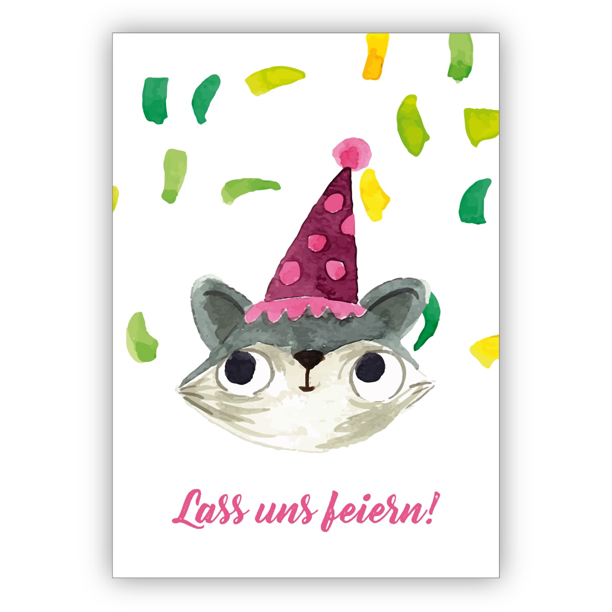 Fröhliche gemalte Einladungskarte mit Party Katze zum Übertritt, Einschulung, Geburtstag und was es noch zu feiern gibt: Lass uns feiern