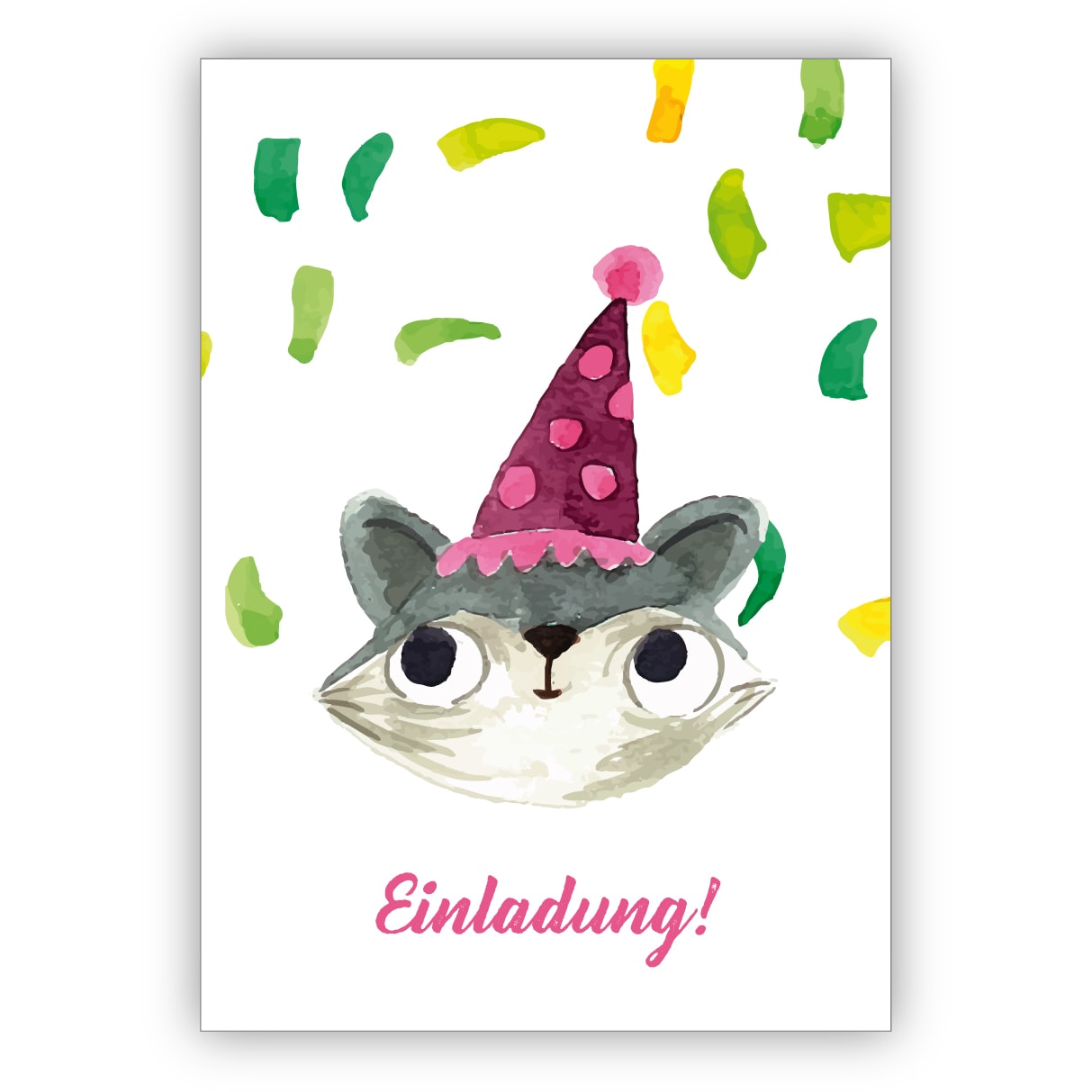 Süße gemalte Einladungskarte mit Party Katze zum Übertritt, Einschulung, Geburtstag und was es noch zu feiern gibt: Einladung