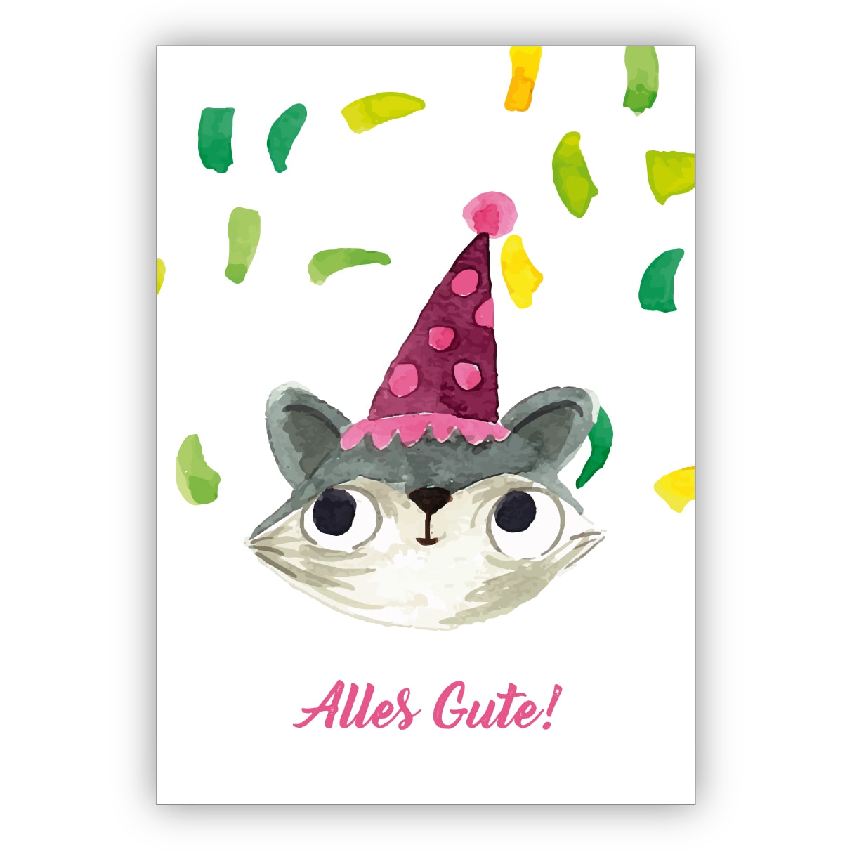 Niedliche gemalte Grußkarte mit Party Katze als Glückwunschkarte zum Übertritt, Einschulung, Geburtstag und was es noch zu feiern gibt: Alles Gute