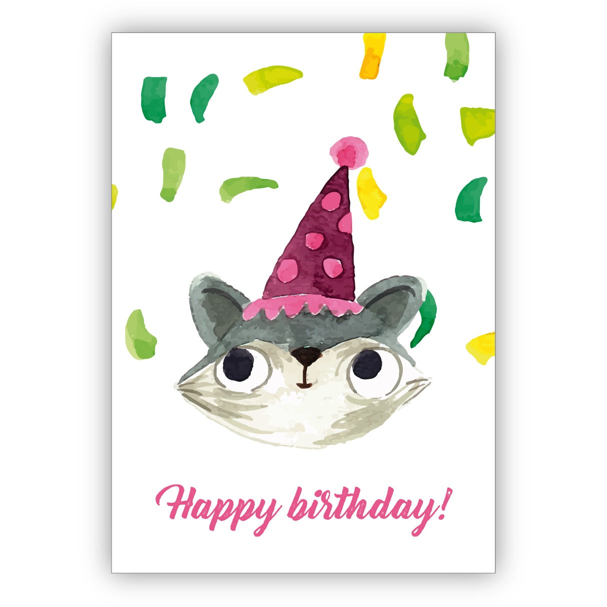 Lustige gemalte Geburtstagskarte mit Party Katze und Konfetti als Glückwunsch für das Geburtstagskind: Happy Birthday